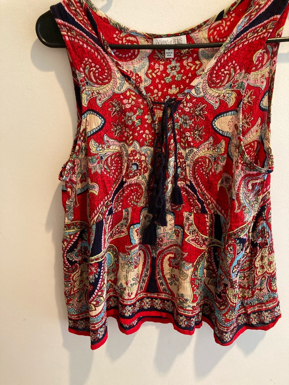 Patrons of Peace 
Sleeveless Tank boho, 
💯% rayon. Pit 17 t - -19” length 23”